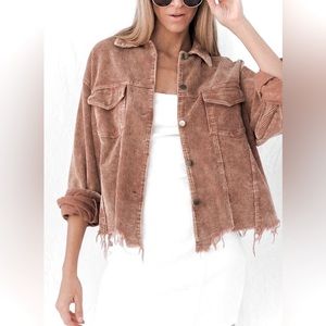 Cropped Corduroy Jacket in Neutral Camel - Collared Coat w Distressed Hemline -